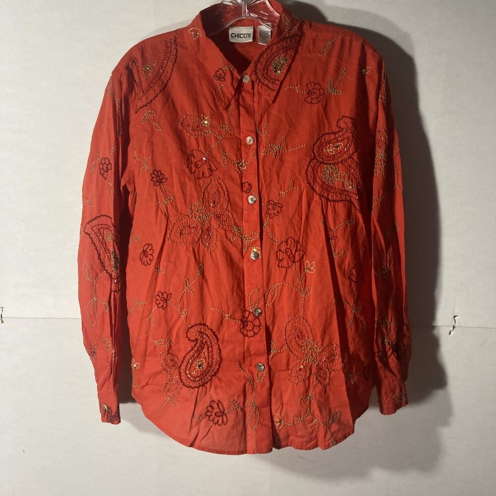 CHICO'S red paisley floral embroider beads collar long sleeve button up top 1/S